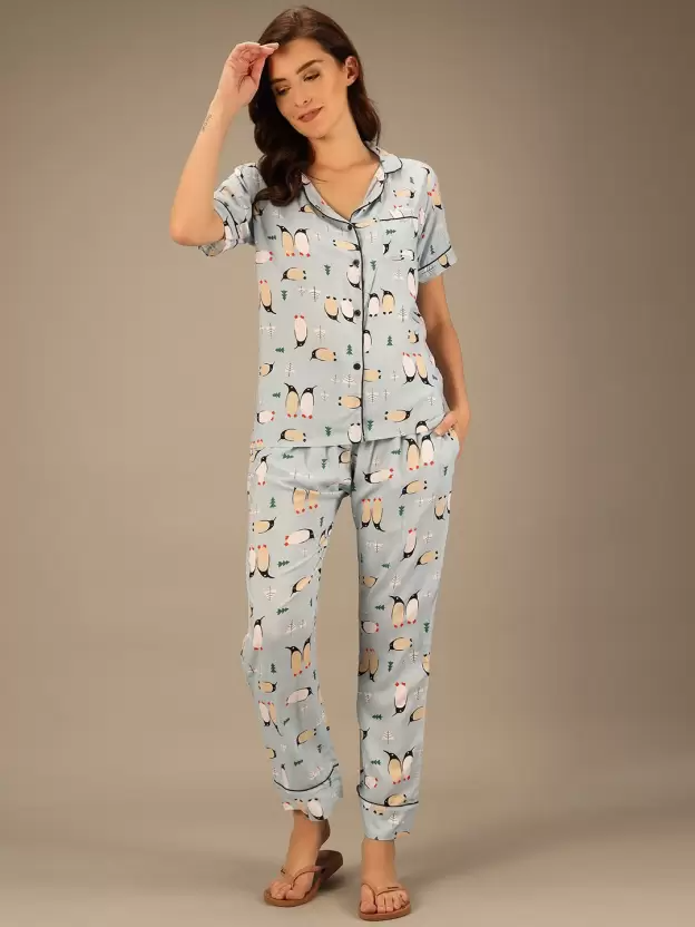 TANDUL  Women Printed Light Blue Shirt & Pyjama set