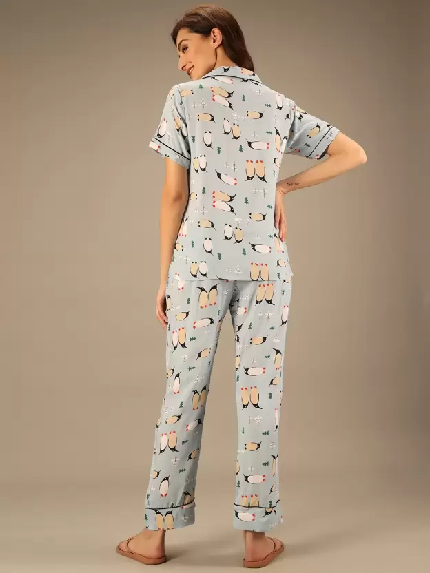 TANDUL  Women Printed Light Blue Shirt & Pyjama set