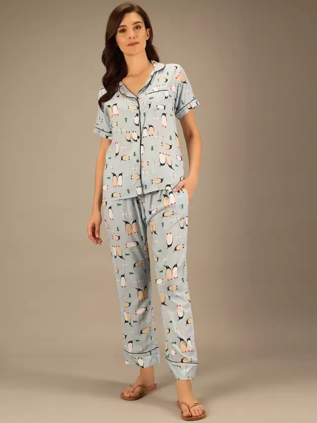 TANDUL  Women Printed Light Blue Shirt & Pyjama set