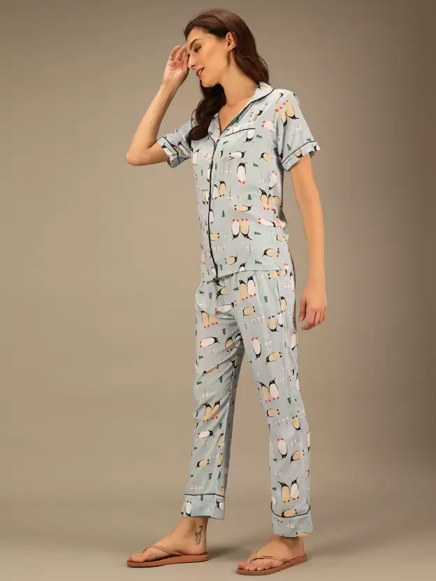 TANDUL  Women Printed Light Blue Shirt & Pyjama set