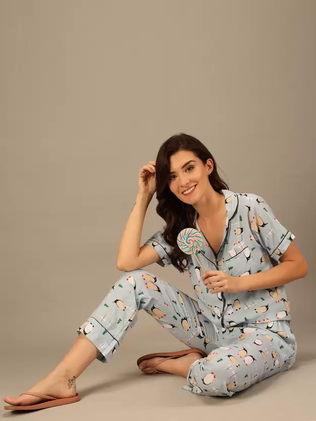 TANDUL  Women Printed Light Blue Shirt & Pyjama set