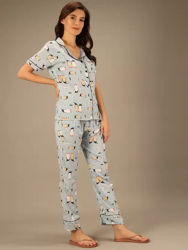 TANDUL  Women Printed Light Blue Shirt & Pyjama set