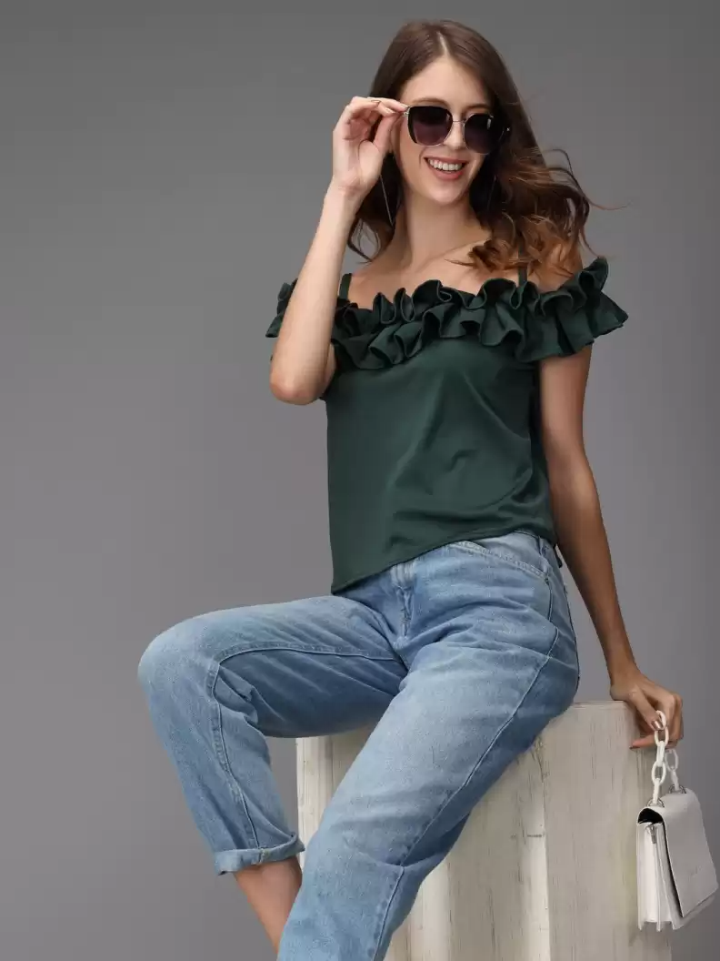 TANDUL  Casual Shoulder Straps Solid Women Green Top