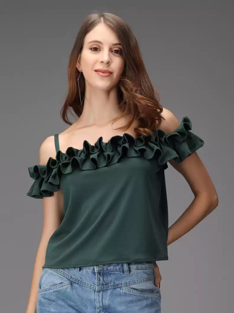 TANDUL  Casual Shoulder Straps Solid Women Green Top