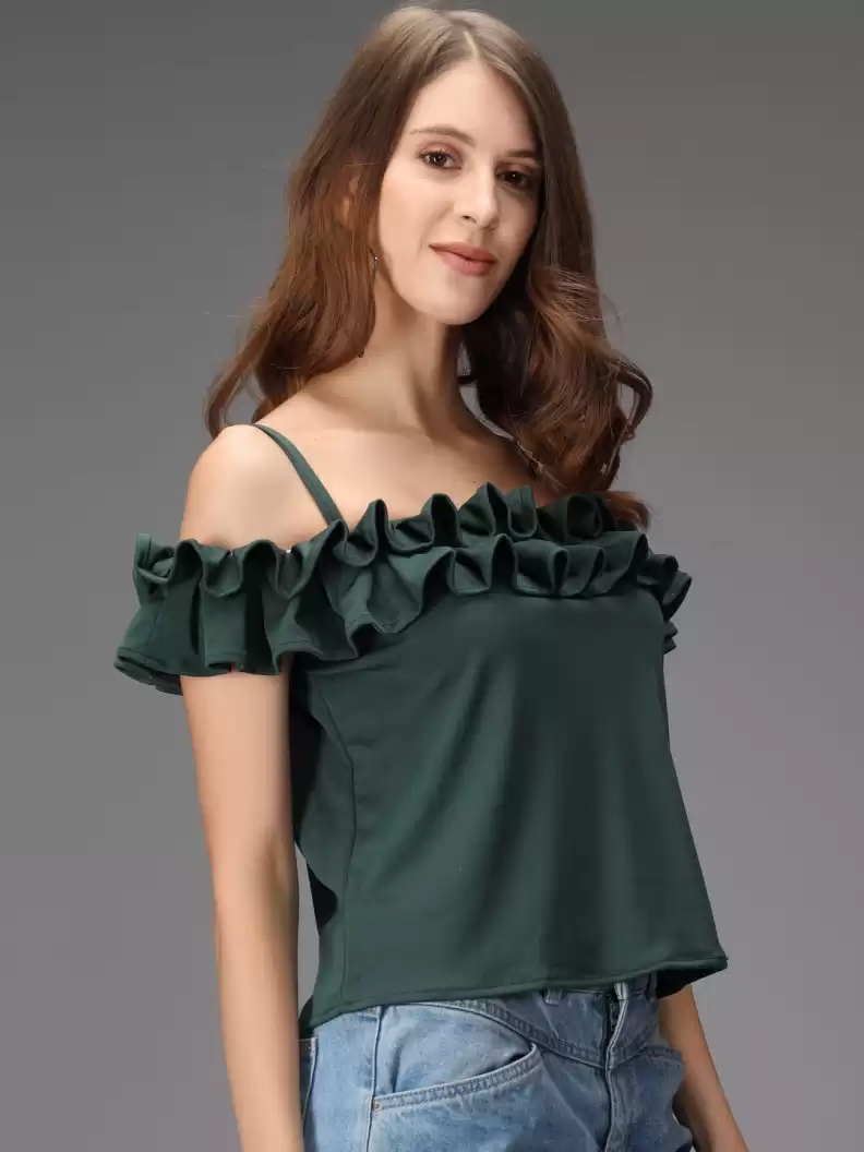 TANDUL  Casual Shoulder Straps Solid Women Green Top