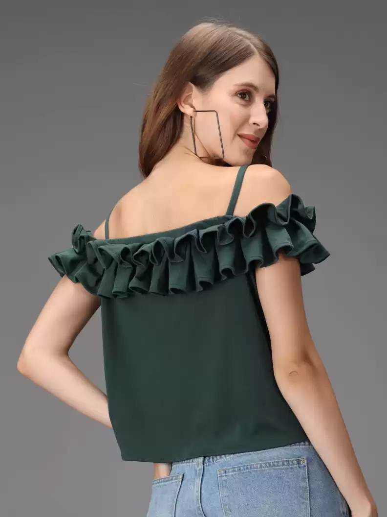 TANDUL  Casual Shoulder Straps Solid Women Green Top