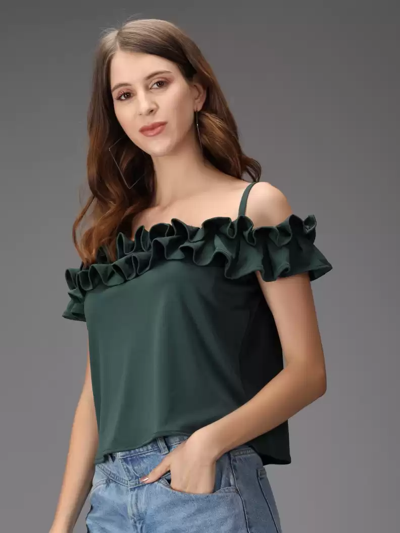 TANDUL  Casual Shoulder Straps Solid Women Green Top