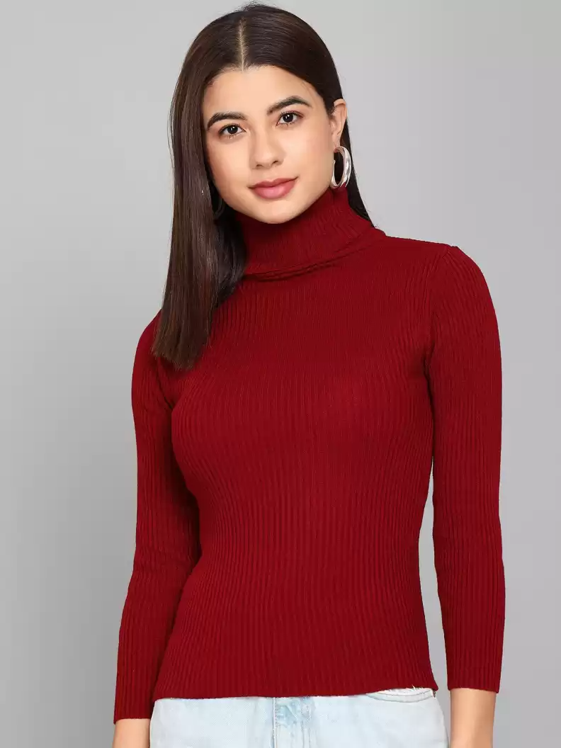 TANDUL  Self Design High Neck Casual Women Maroon Sweater