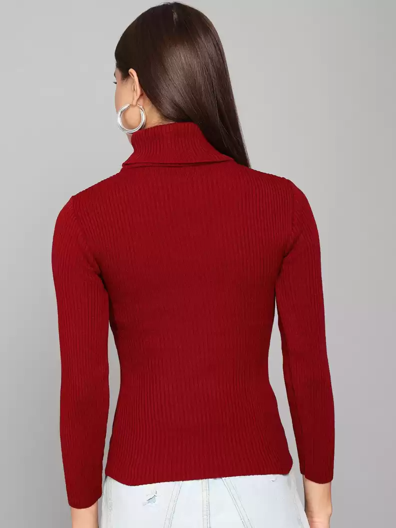 TANDUL  Self Design High Neck Casual Women Maroon Sweater