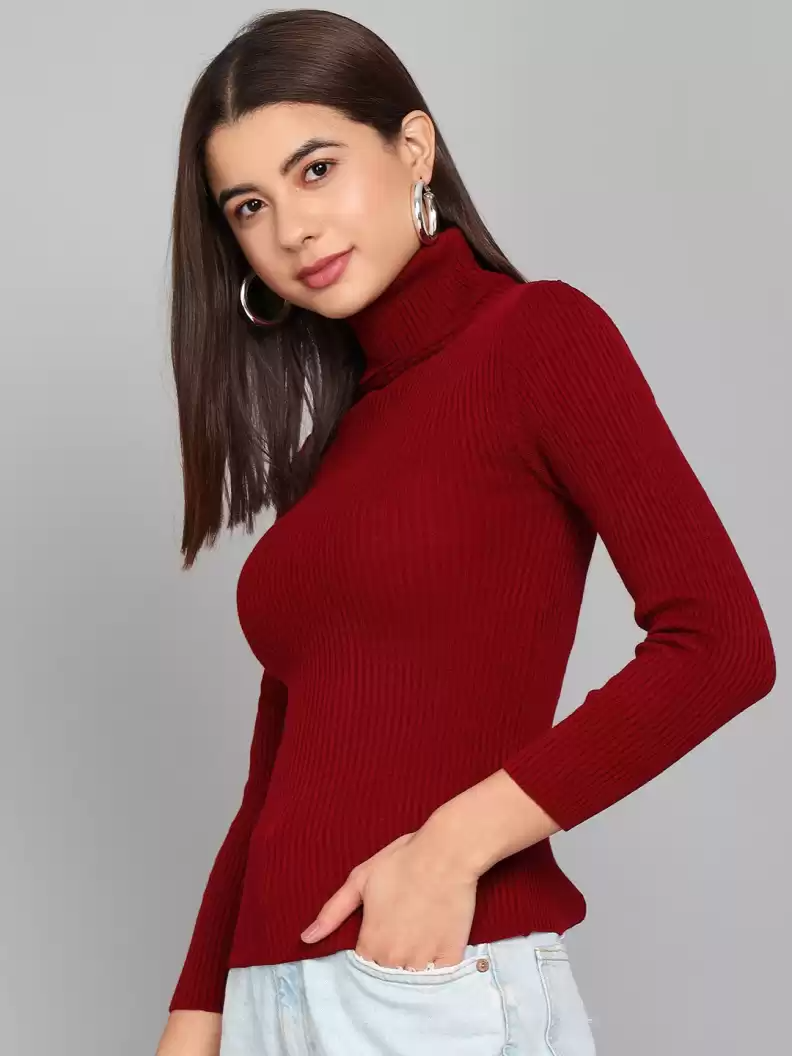 TANDUL  Self Design High Neck Casual Women Maroon Sweater