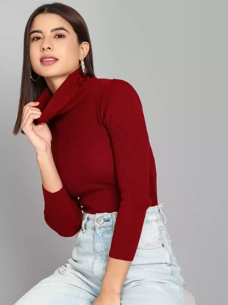 TANDUL  Self Design High Neck Casual Women Maroon Sweater