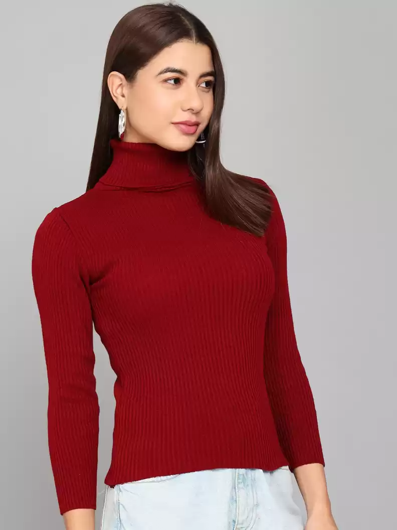 TANDUL  Self Design High Neck Casual Women Maroon Sweater