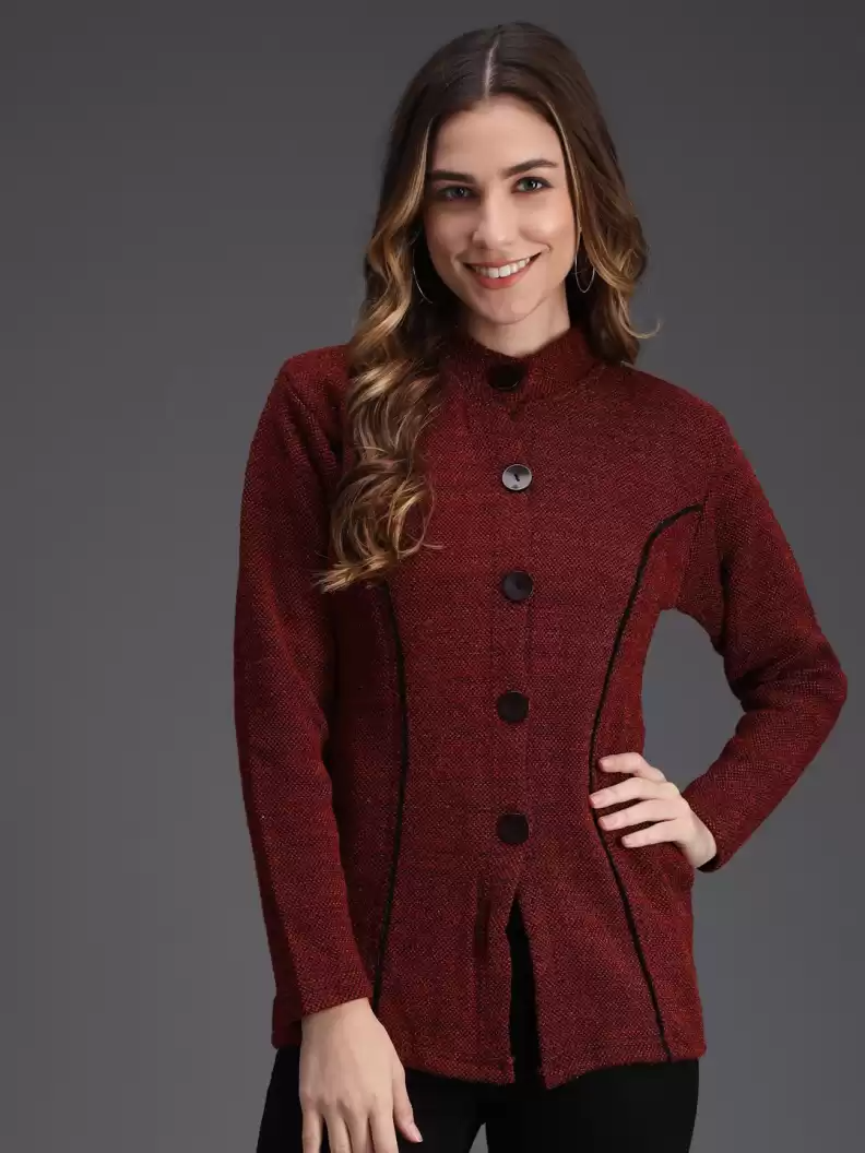 TANDUL  Self Design High Neck Casual Women Maroon Sweater