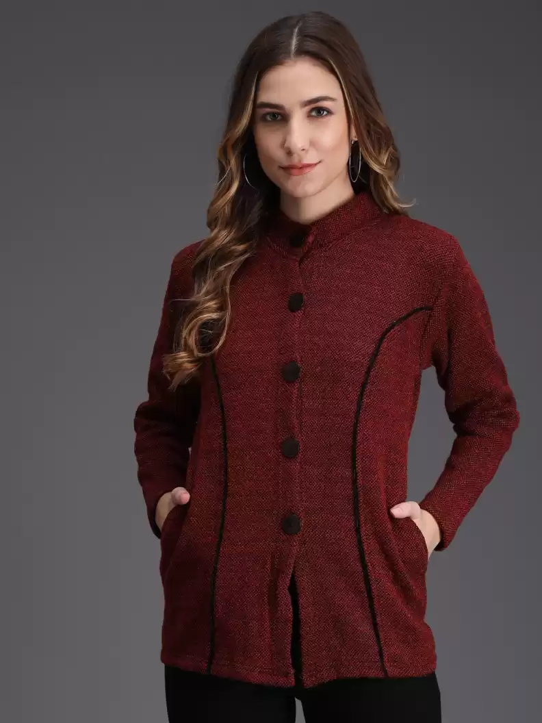 TANDUL  Self Design High Neck Casual Women Maroon Sweater