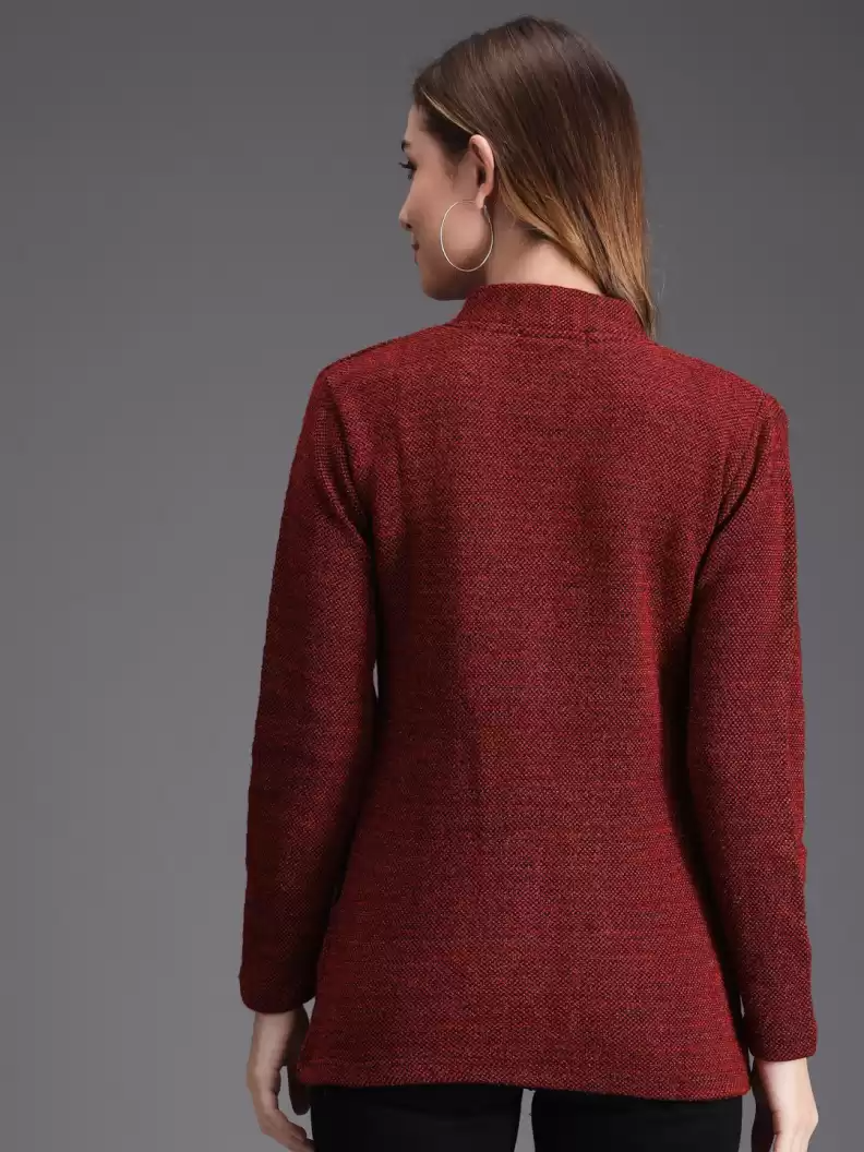 TANDUL  Self Design High Neck Casual Women Maroon Sweater