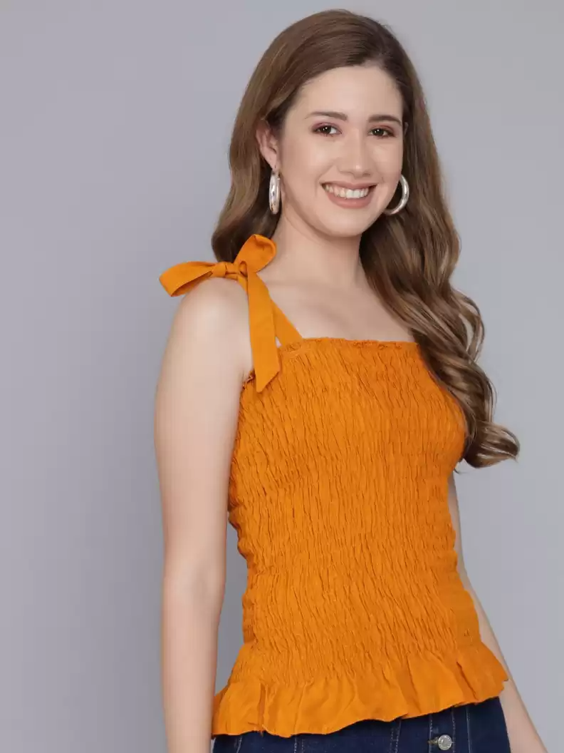 TANDUL  Casual Noodle Straps Solid Women Yellow Top