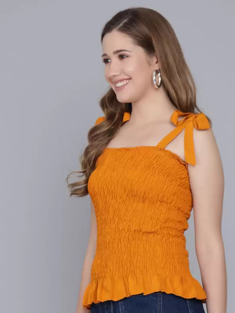 TANDUL  Casual Noodle Straps Solid Women Yellow Top