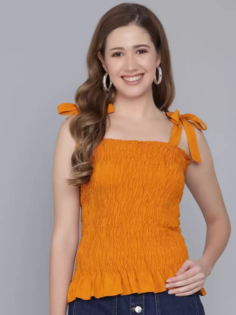 TANDUL  Casual Noodle Straps Solid Women Yellow Top