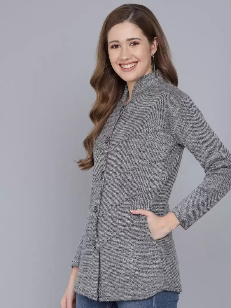 TANDUL  Woven Collared Neck Casual Women Grey Sweater