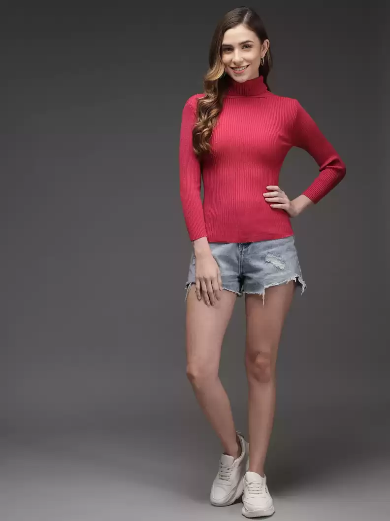 TANDUL  Solid High Neck Casual Women Pink Sweater