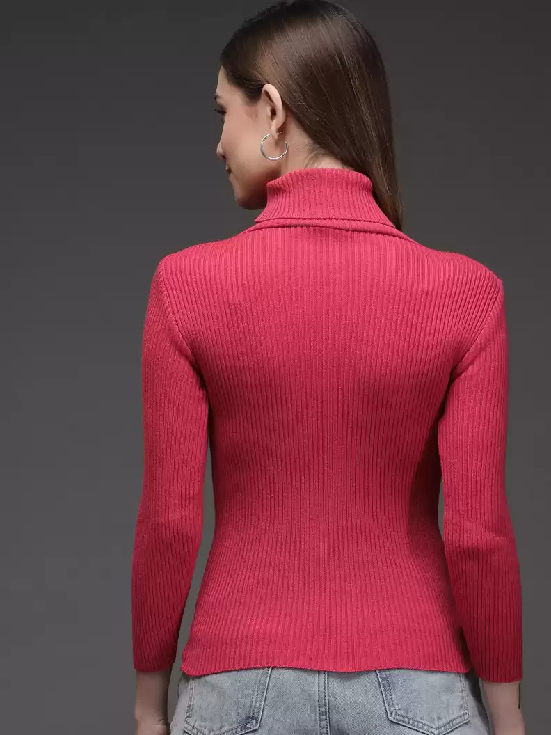 TANDUL  Solid High Neck Casual Women Pink Sweater