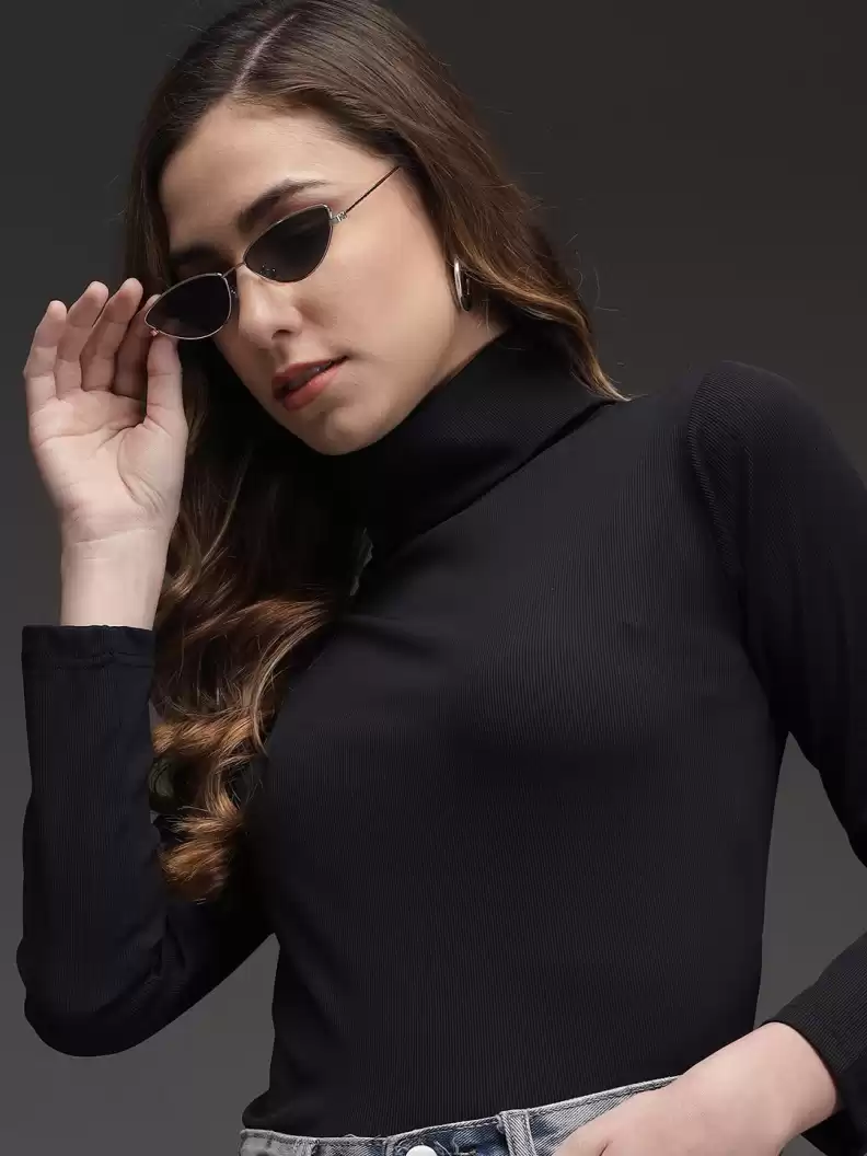 TANDUL  Solid Turtle Neck Casual Women Black Sweater