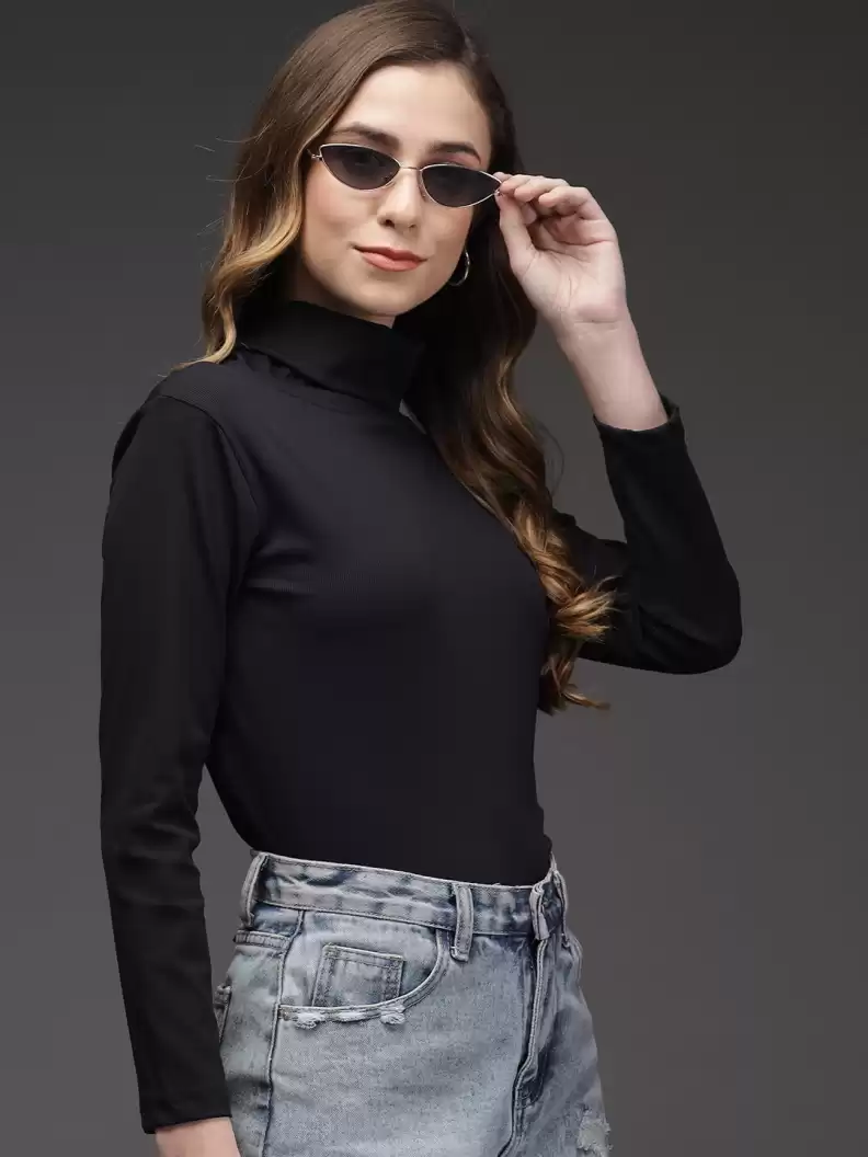 TANDUL  Solid Turtle Neck Casual Women Black Sweater