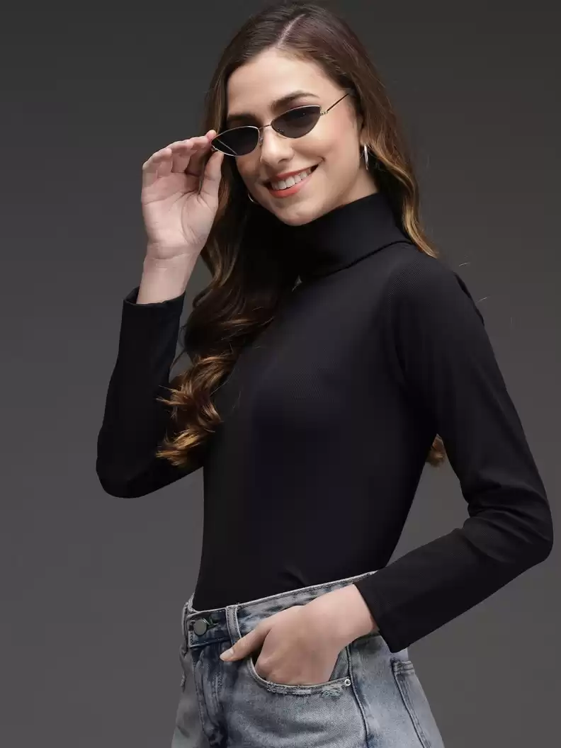 TANDUL  Solid Turtle Neck Casual Women Black Sweater