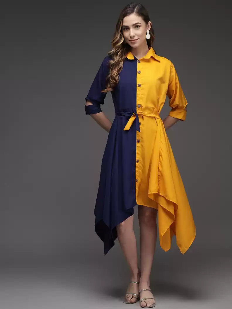 TANDUL  Women Fit and Flare Blue, Yellow Dress