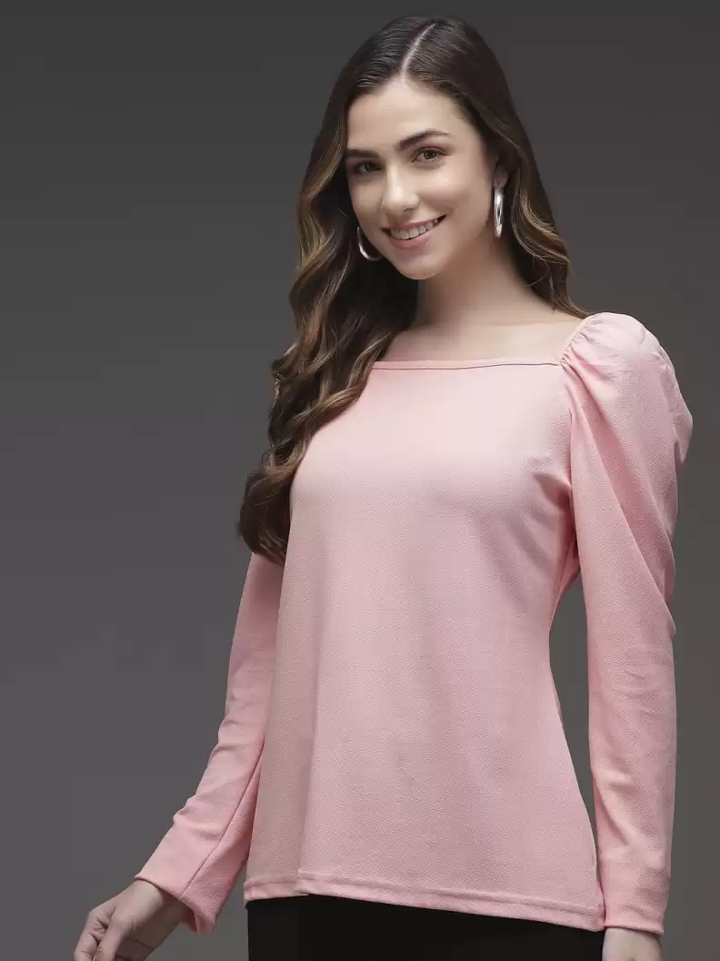 TANDUL  Casual Puff Sleeves Solid Women Pink Top