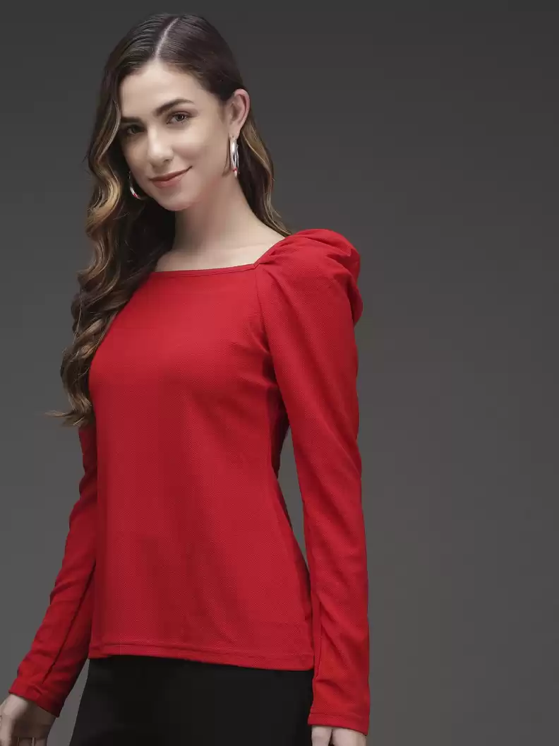 TANDUL  Casual Puff Sleeves Solid Women Red Top