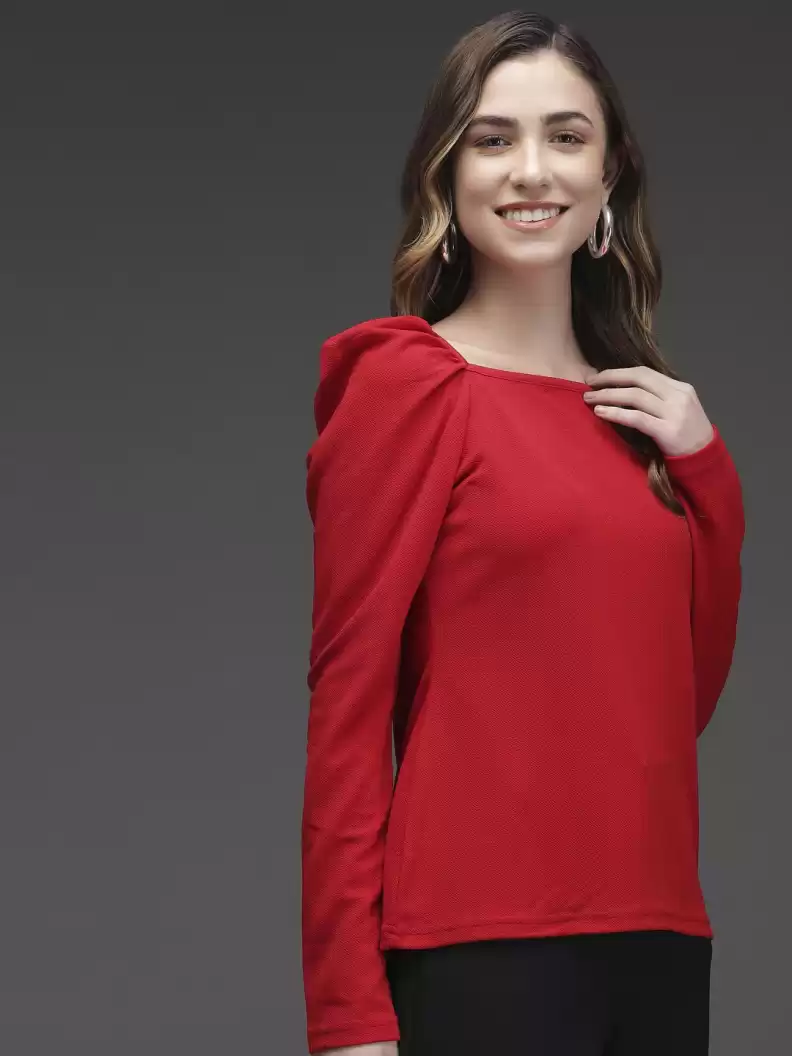 TANDUL  Casual Puff Sleeves Solid Women Red Top