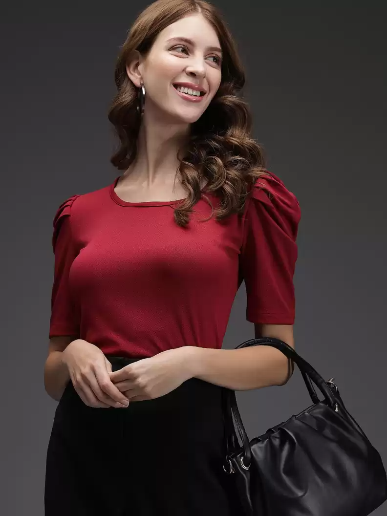 TANDUL  Casual Regular Sleeves Solid Women Maroon Top