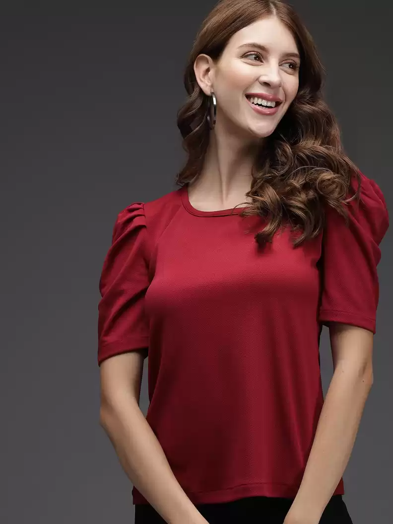 TANDUL  Casual Regular Sleeves Solid Women Maroon Top