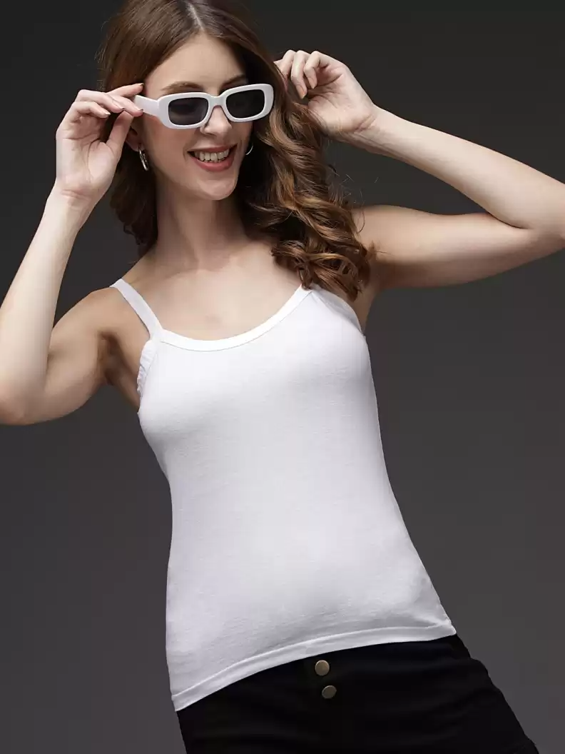 TANDUL  Casual Shoulder Straps Solid Women White Top