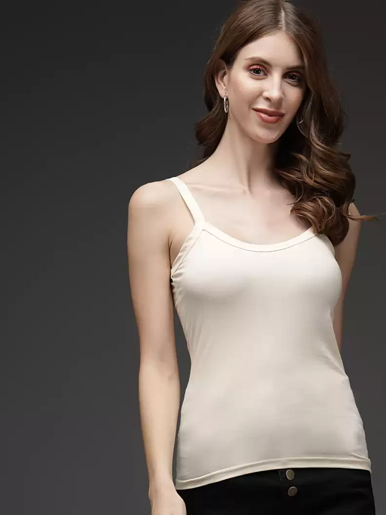 TANDUL  Casual Shoulder Straps Solid Women Beige Top