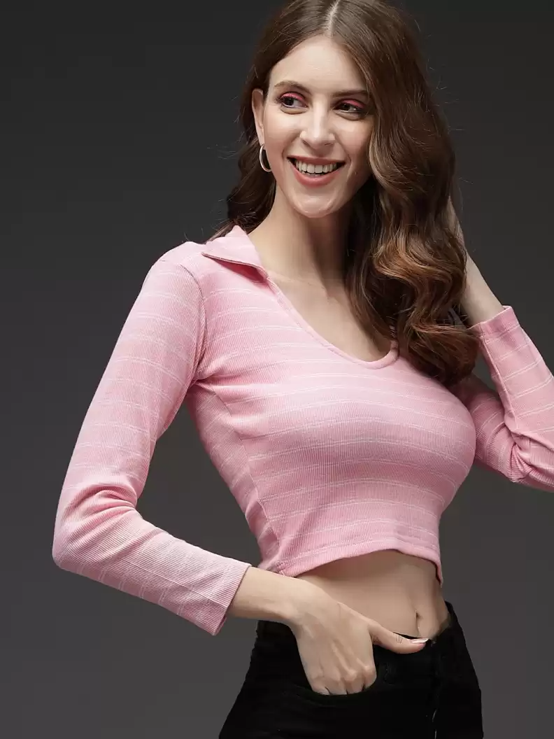 TANDUL  Casual Regular Sleeves Striped Women Pink Top