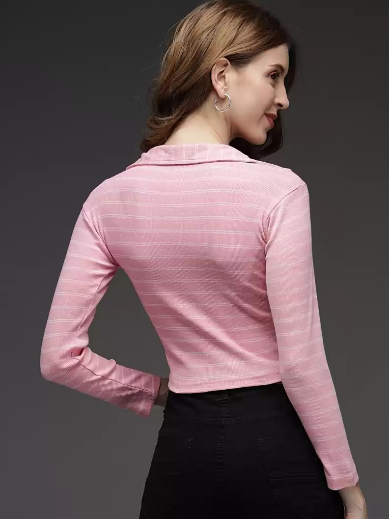 TANDUL  Casual Regular Sleeves Striped Women Pink Top