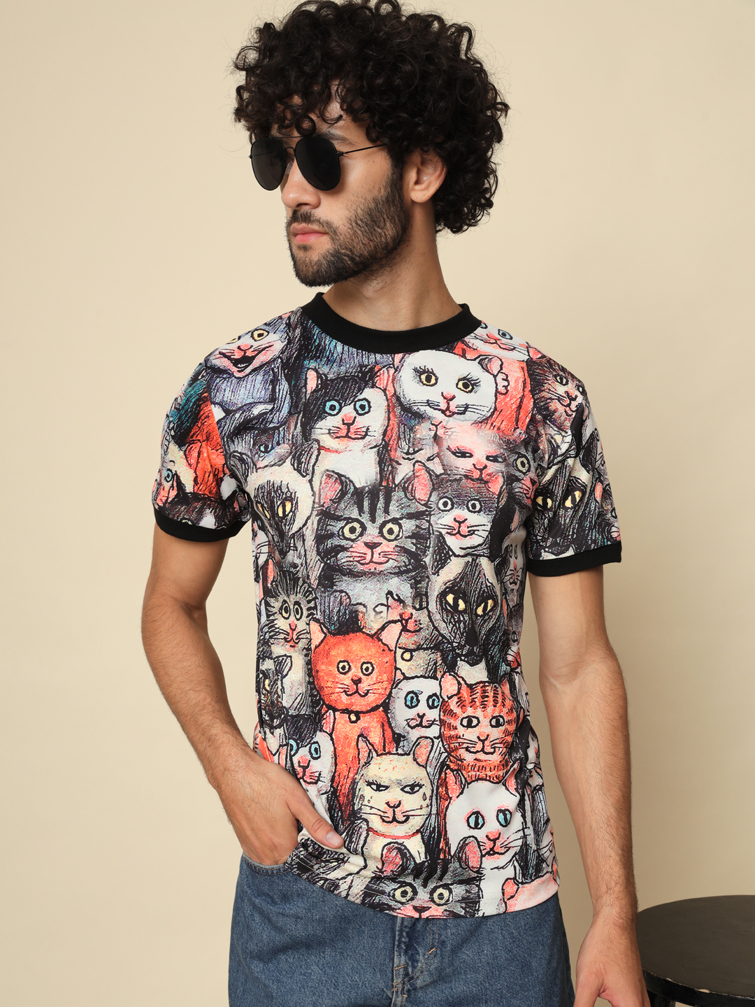 Men Printed Round Neck Multicolor T-Shirt