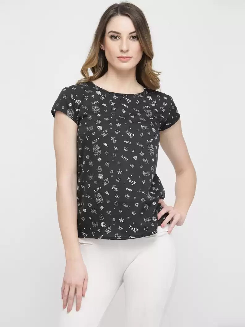 TANDUL  Casual Regular Sleeves Printed Women White, Black Top