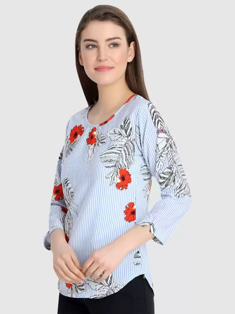 TANDUL  Casual Regular Sleeves Printed Women Light Blue Top