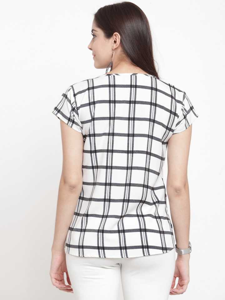 TANDUL  Casual Cap Sleeves Checkered Women White Top