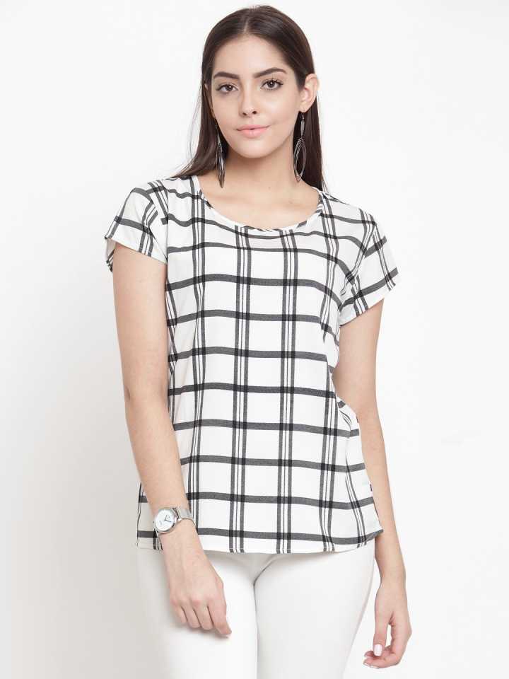 TANDUL  Casual Cap Sleeves Checkered Women White Top