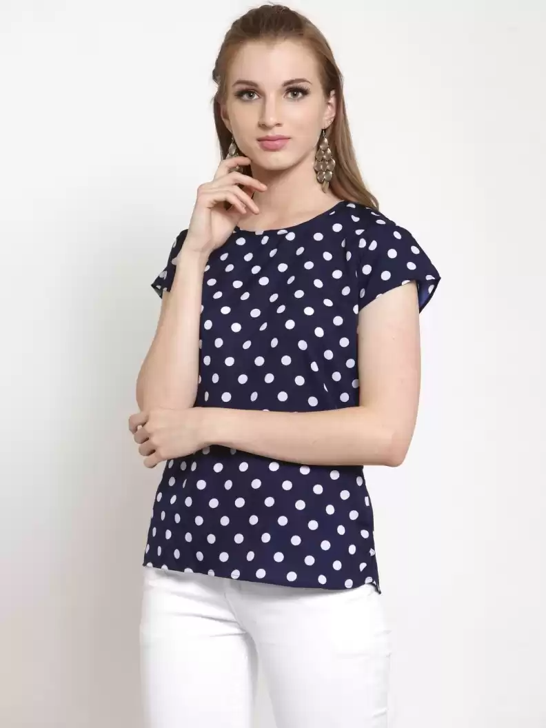 TANDUL  Casual Cap Sleeves Polka Print Women Blue Top