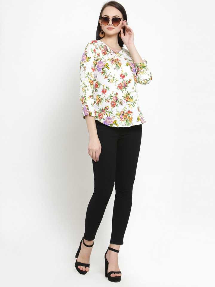 TANDUL  Casual Regular Sleeves Floral Print Women Multicolor, White Top