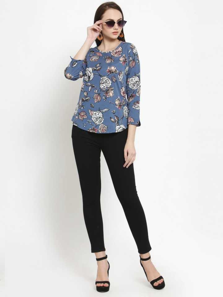 Casual Regular Sleeves Printed Women Blue Top