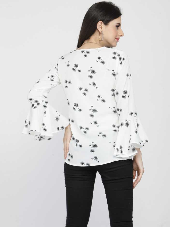 Casual Bell Sleeves Printed Women White Top