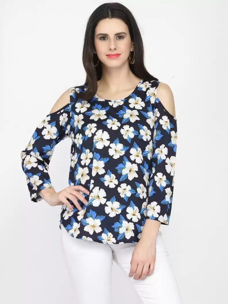 TANDUL  Casual Cold Shoulder Sleeves Floral Print Women Black Top