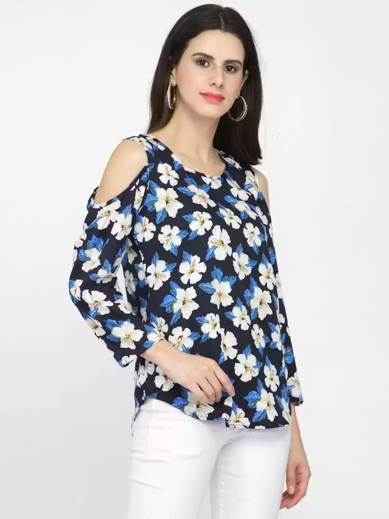 TANDUL  Casual Cold Shoulder Sleeves Floral Print Women Black Top