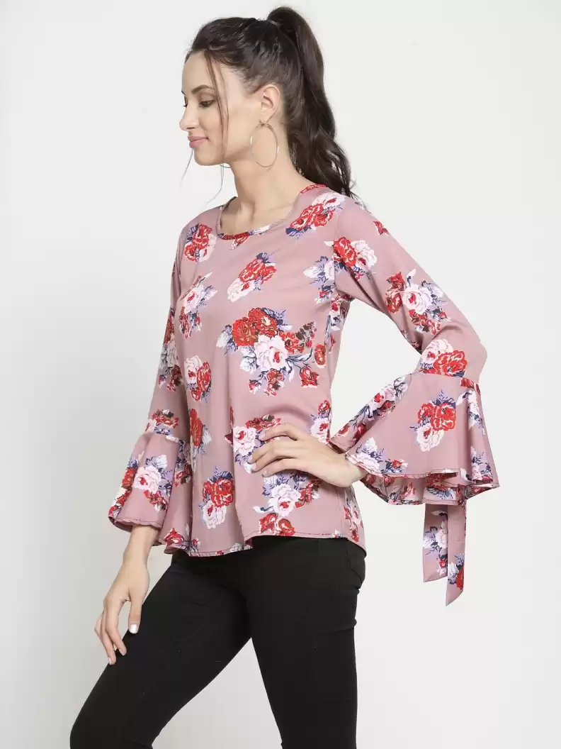 Casual Flute Sleeves Printed Women Multicolor Top